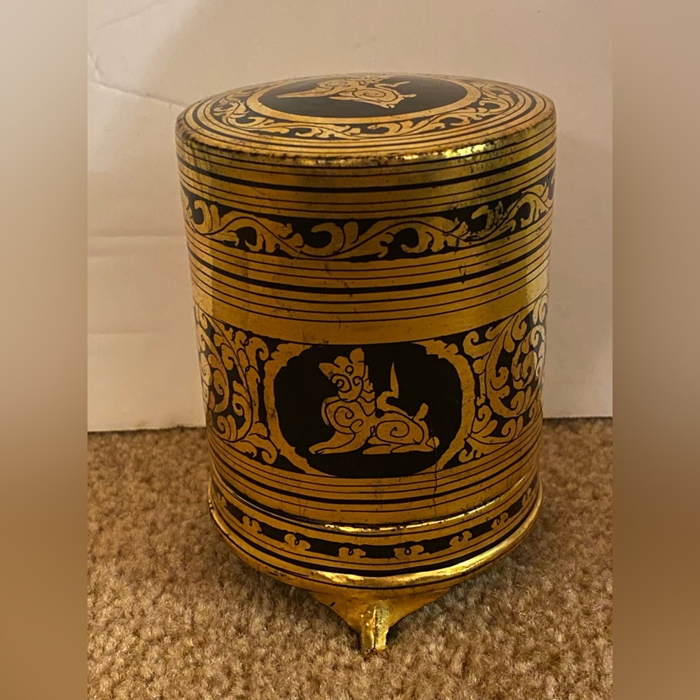 Antique Vintage Burmese lacquer gold black footed betel box